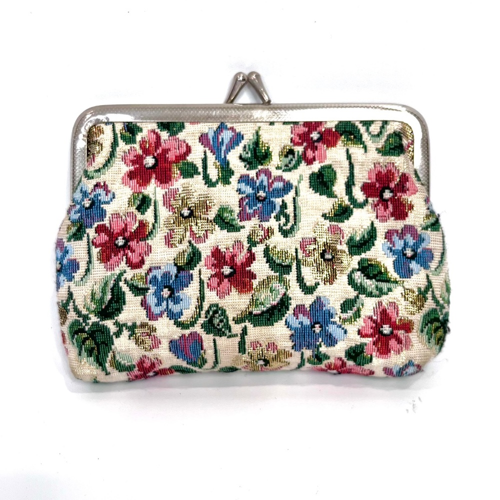 Vintage Granny Floral Tapestry Coin Change Purse Kiss Lock Silver Frame Clutch